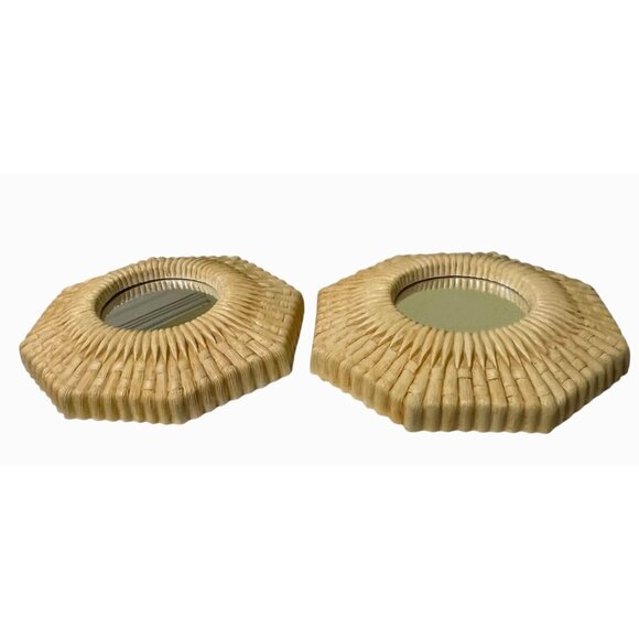 2 Homco Faux Wicker Rattan Wall Mirror Plastic Octagon Beige/Yellow Beach Decor - Picture 6 of 8